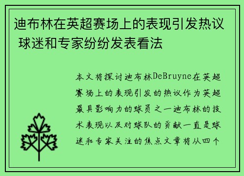 迪布林在英超赛场上的表现引发热议 球迷和专家纷纷发表看法
