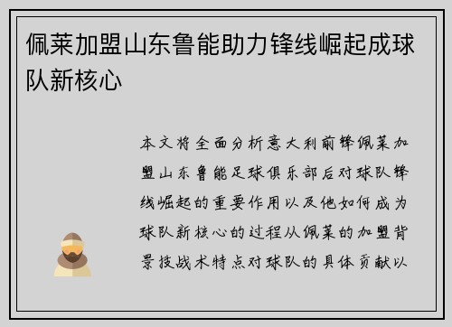 佩莱加盟山东鲁能助力锋线崛起成球队新核心 佩莱加盟山东鲁能助力锋线崛起成球队新核心