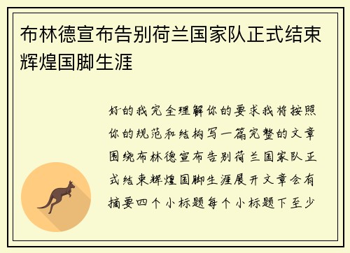 布林德宣布告别荷兰国家队正式结束辉煌国脚生涯 布林德宣布告别荷兰国家队正式结束辉煌国脚生涯